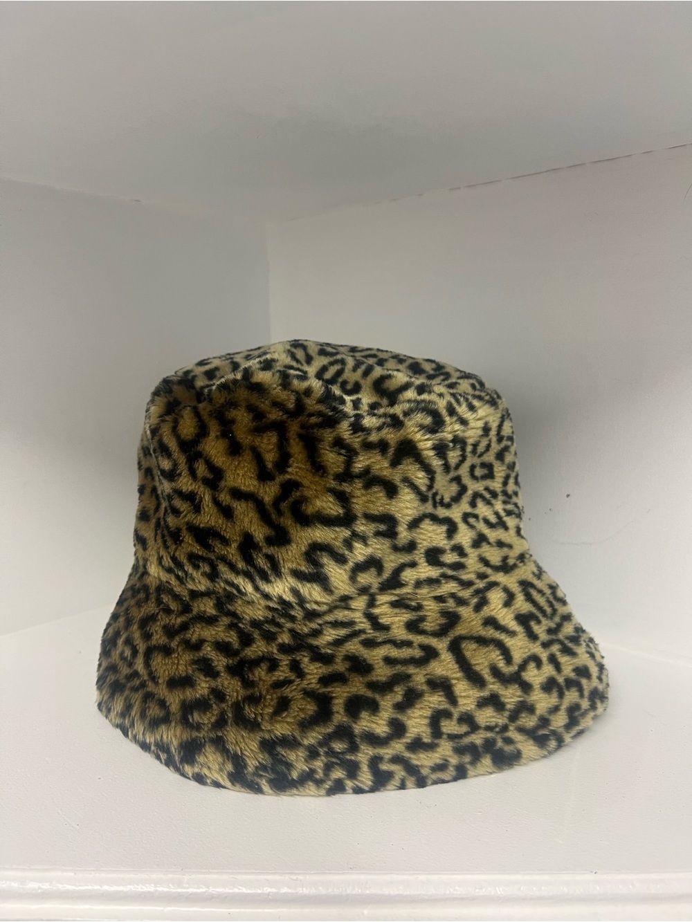 Faux Fur Leopard Print Bucket Hat - Brown Black Spots